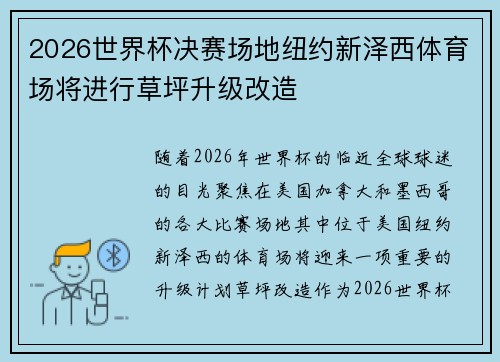 2026世界杯决赛场地纽约新泽西体育场将进行草坪升级改造