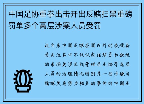 中国足协重拳出击开出反赌扫黑重磅罚单多个高层涉案人员受罚
